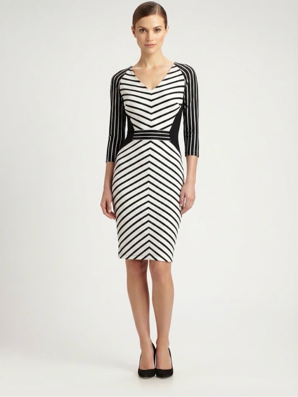 New York & Company Black and White Chevron Stripe Sheath Midi Dress